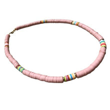 Load image into Gallery viewer, trendy boho heishi necklace in salmon pink and rainbow spacing
