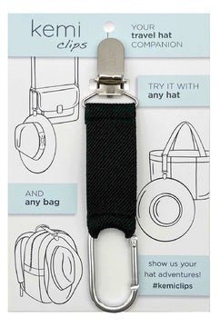 Black elastic fabric friendly hat clip to attach your hat to your bag!