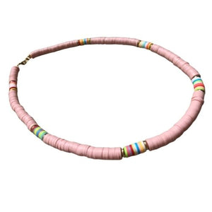 trendy boho heishi necklace in salmon pink and rainbow spacing